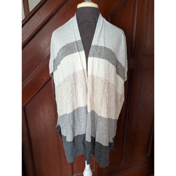 Loft Womens XS/S Open Front Striped Cardigan Sweater Beige/Gray  Soft Sleeveless - Picture 1 of 7